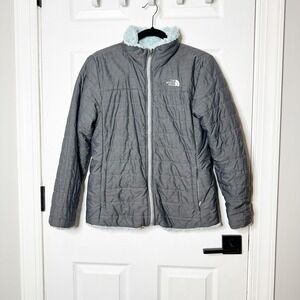 The North Face Reversible Jacket Girls XL 18 Grey Blue Excellent Fleece Puffer